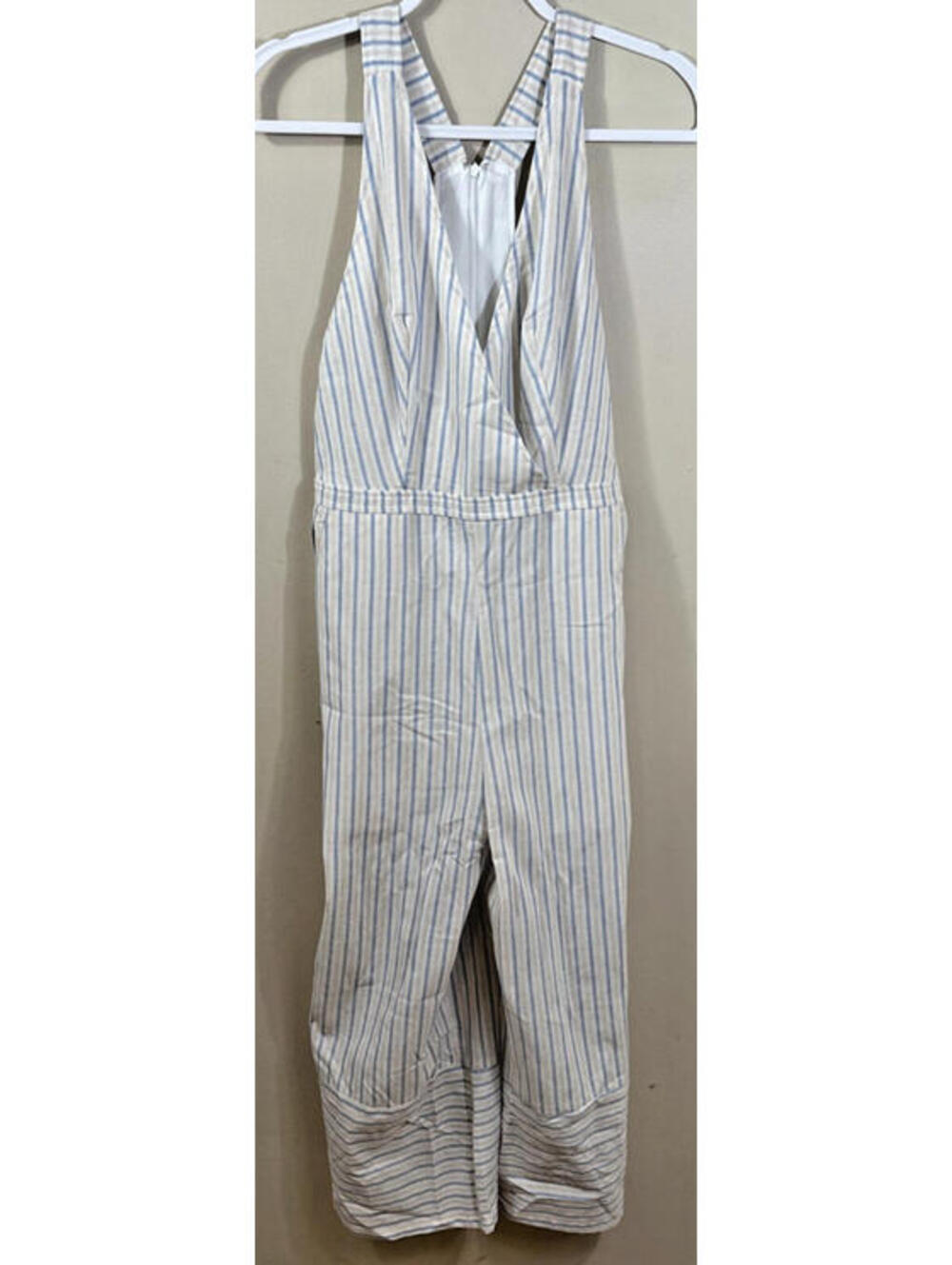 Very J Halter JUMPSUIT Romper Cotton Pants SZ Lg Sky Blue also has pink stripes